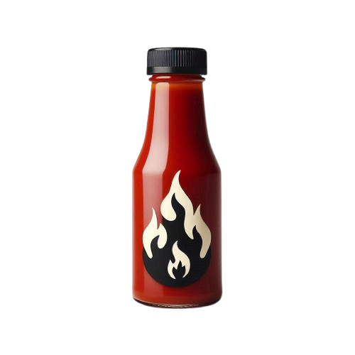 Spicy Dip, a red spicy bottle with a flame symbol on it, clearly representing its heat and intensity.